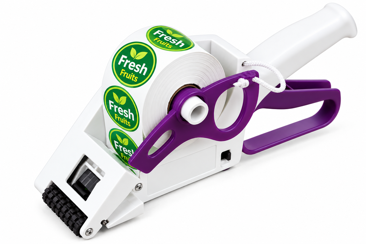 White and purple sticker applicator with Fresh Fruits labels