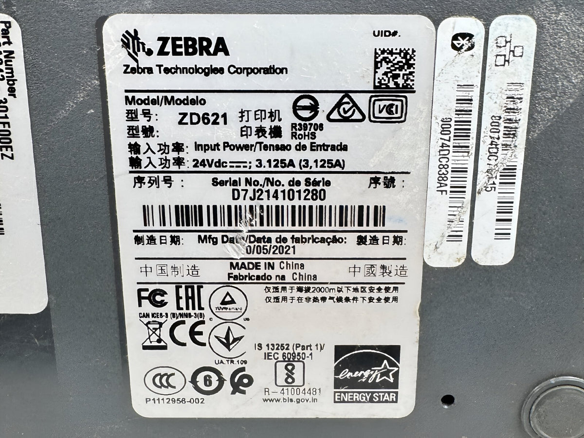 Zebra ZD621 Thermal Transfer Label Printer 300 dpi Cutter USB Ethernet Bluetooth